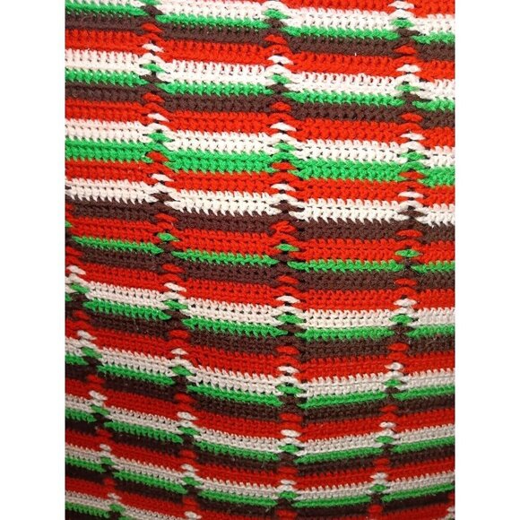 Vintage Handmade Crochet Afghan Throw Blanket Burnt Orange Green Brown Big 80x78